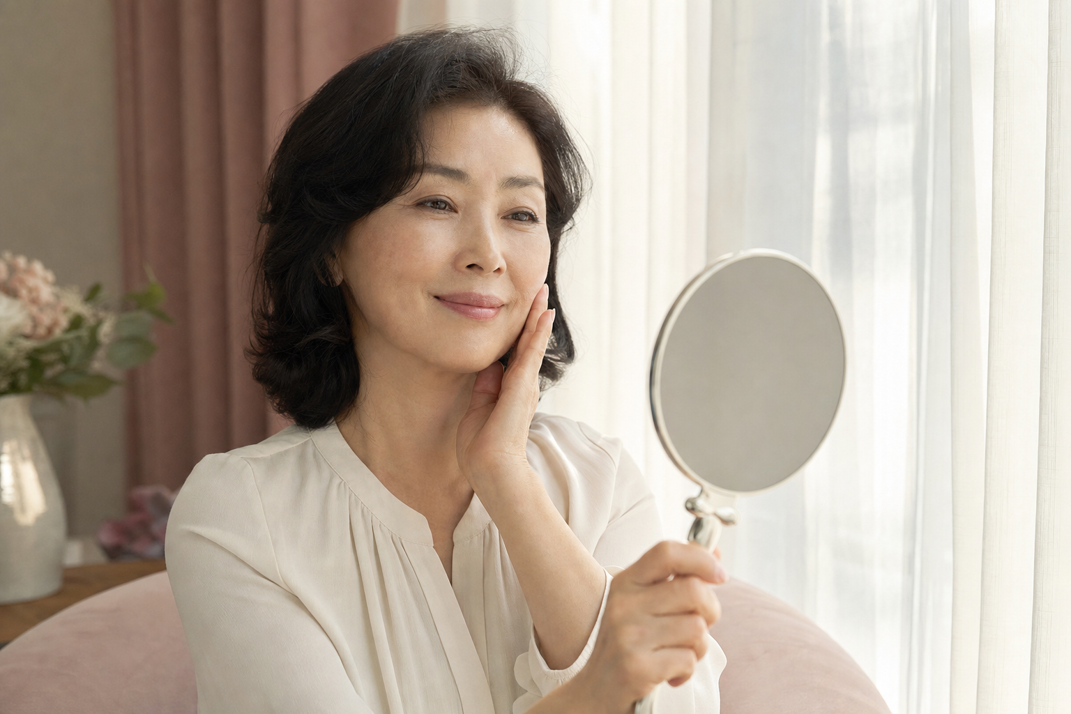 자연광 아래에서 피부를 살피는 중년 여성